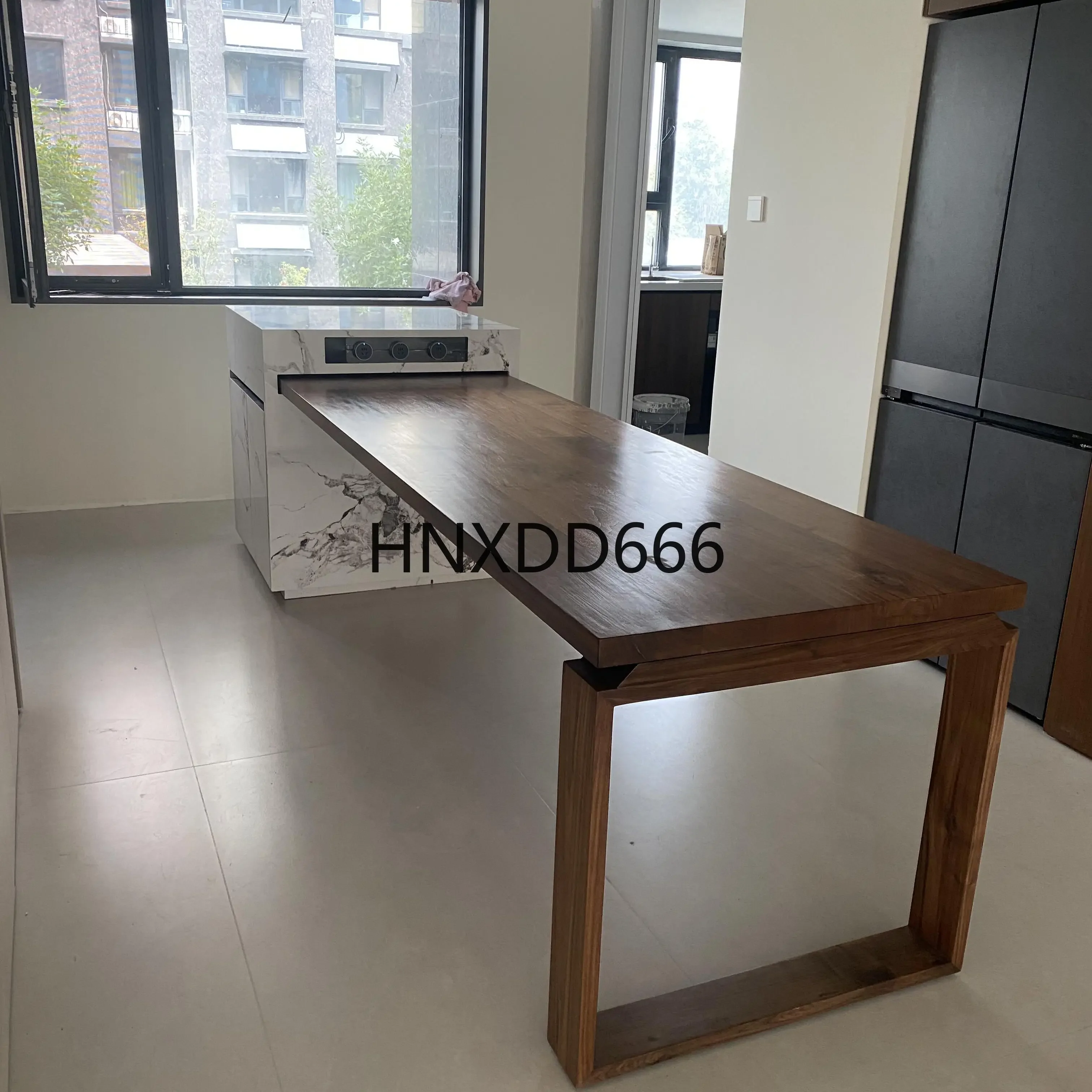 Solid wood island dining table integrated retractable folding multi-functional dining table
