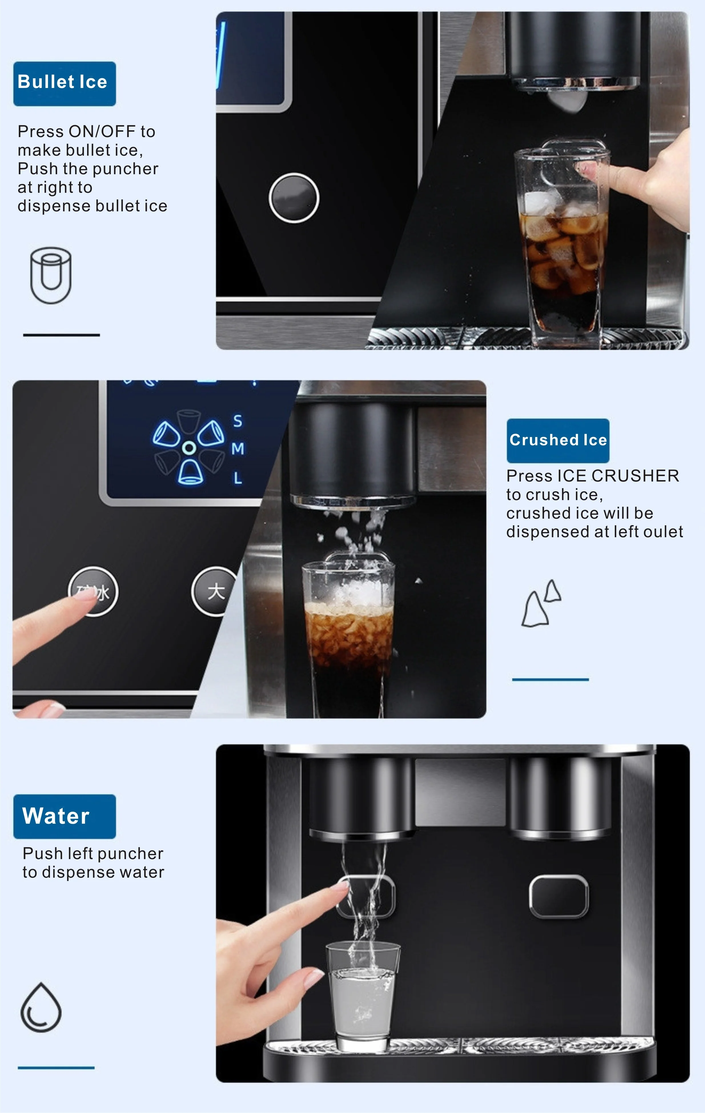 18kgs/day 1kg storage tabletop Crushed Ice Vendor Water Server Lifestyle Portable LCD Touch Ice Maker with Water Dispenser