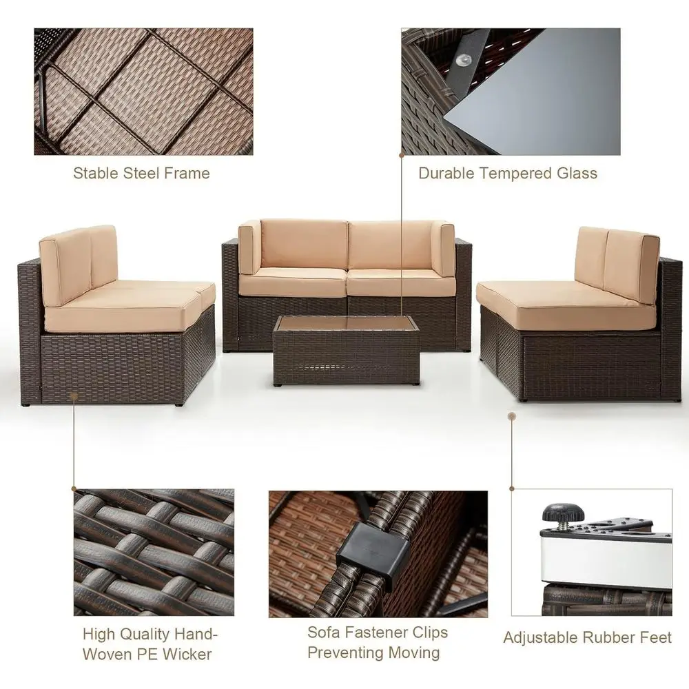 7 Piece Outdoor Patio urniture Set, PE Rattan Wicker Soa Set, Outdoor Sectional urniture Chair Set with Cushions and Tea Table,