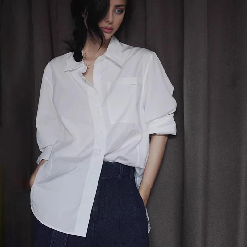 

Elegant White Casual Loose Blouses Women Shirts 2025 Spring Autumn New Solid Color Long Sleeve Turndown Collar Tops 100% Cotton