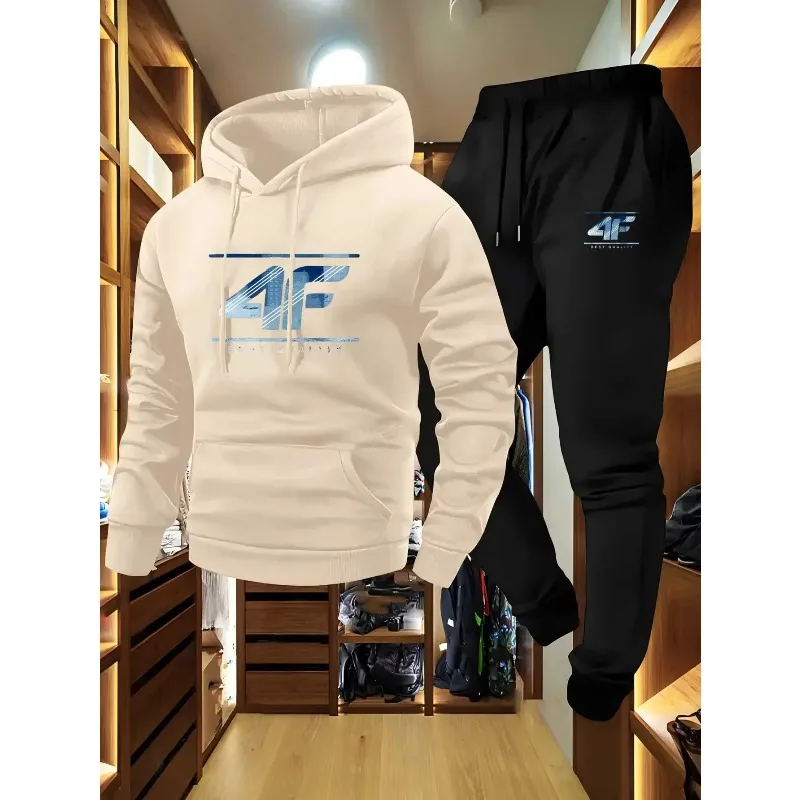 

Men's 4F printed hoodie, fashionable jogging set, casual and comfortable sportswear, indoor and outdoor sportswear set