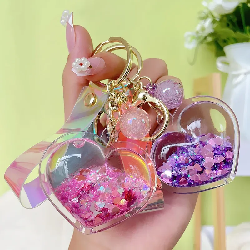 Trendy Oil Quicksand Heart Keychain Creative Key Rings Gifts for Lovers
