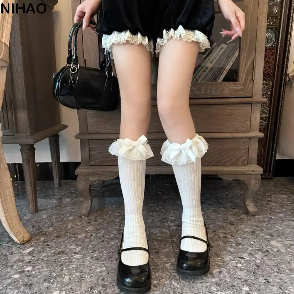 Sweet Loose Lace Ruffle Socks Bowknot Patchwork Knitted Mid Calf Socks Lolita Hosiery Women Stockings Women