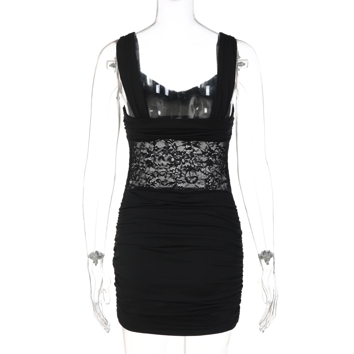 Hugcitar Women'S Fashion Square Collar Solid Straps Patchwork Lace Ruched Sexy Mini Dress Summer Outfit Party Night Club