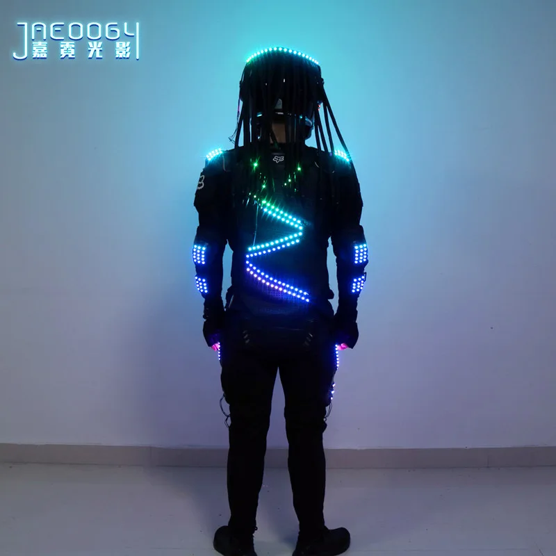 LED Kostüm Frauen leuchtend leuchten Raum Helm Leistung tragen Nachtclub Rave Outfit Halloween Cosplay Roboter verkleiden