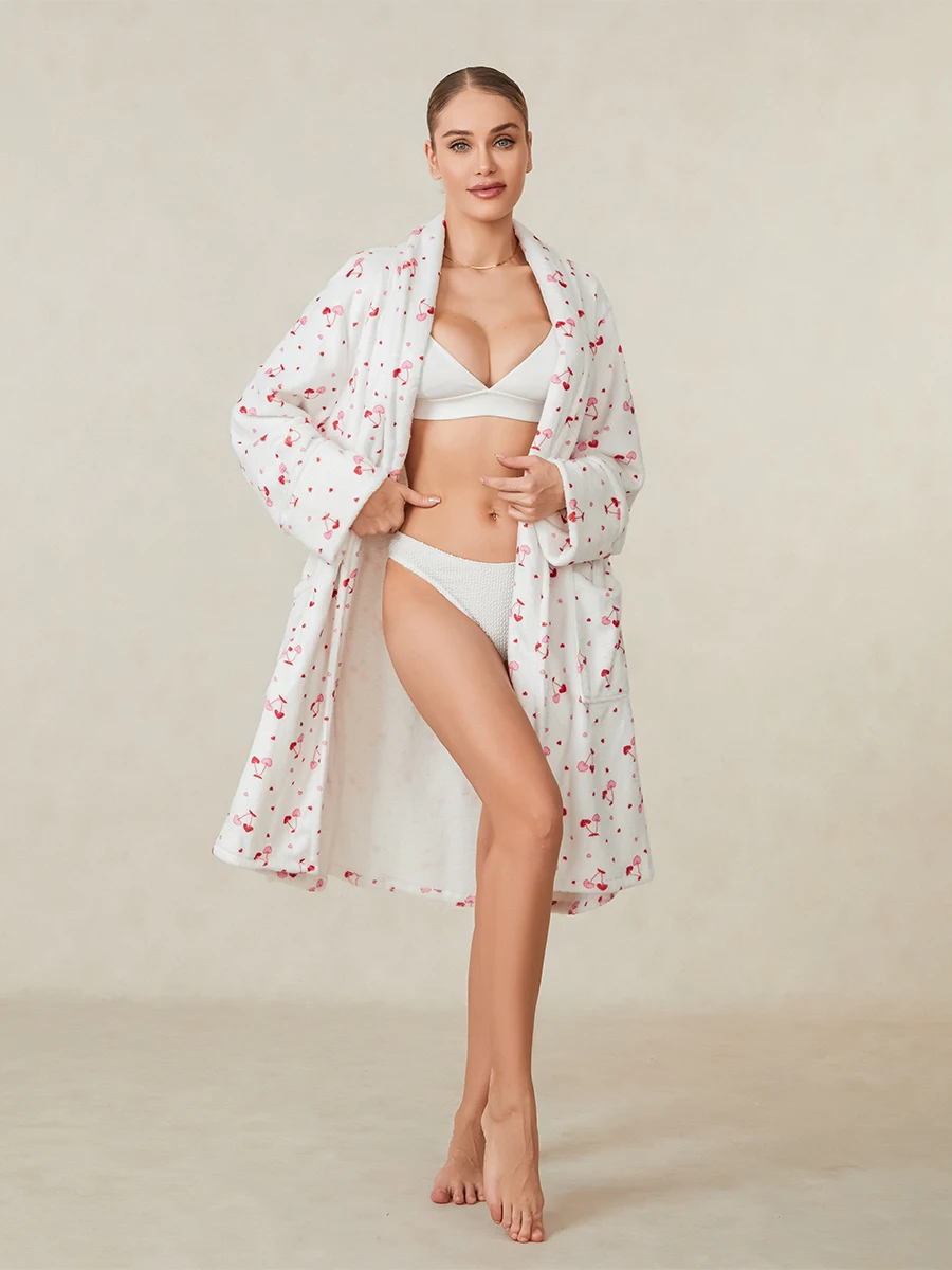 Women Fruit Robe Bow Floral Cherry Print Open Front Long Plush Bathrobe Fluffy Fleece Fuzzy Shawl Collar Spa Robes with Belt