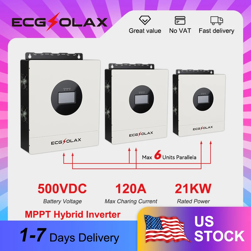 ECGSOLAX 21KW 120V / 240V عاكس شمسي هجين 48V مدمج واي فاي الولايات المتحدة القياسية سبليت المرحلة 110V ما يصل إلى 6 محولات للطاقة الشمسية بالتوازي #1