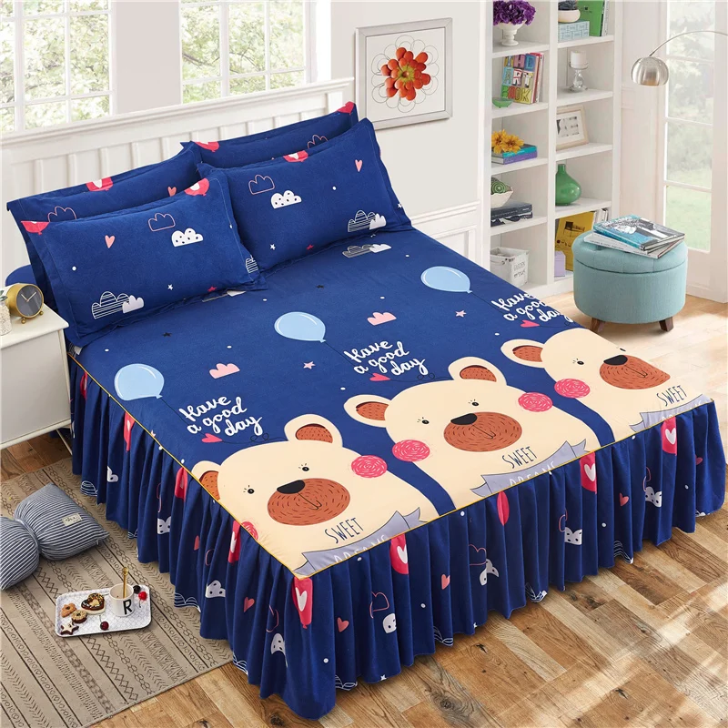 Cartoon Style Bed Skirt with Pillowcase Home Bedspread Ruffles Bed Cover 120/150/180/200 Cute Bedsheet with Skirt falda de cama