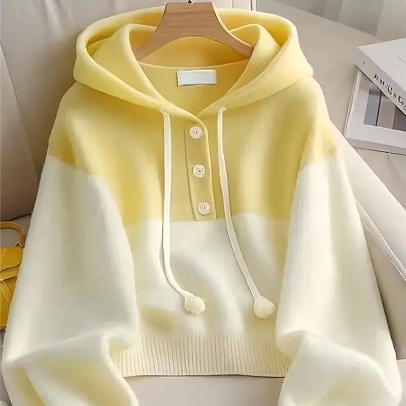 Autumn Winter Yellow Patchwork Hooded Sweater Women's Fashion Color Block Loose Knit Top Korean Button Wool Knitwears Sweet L014