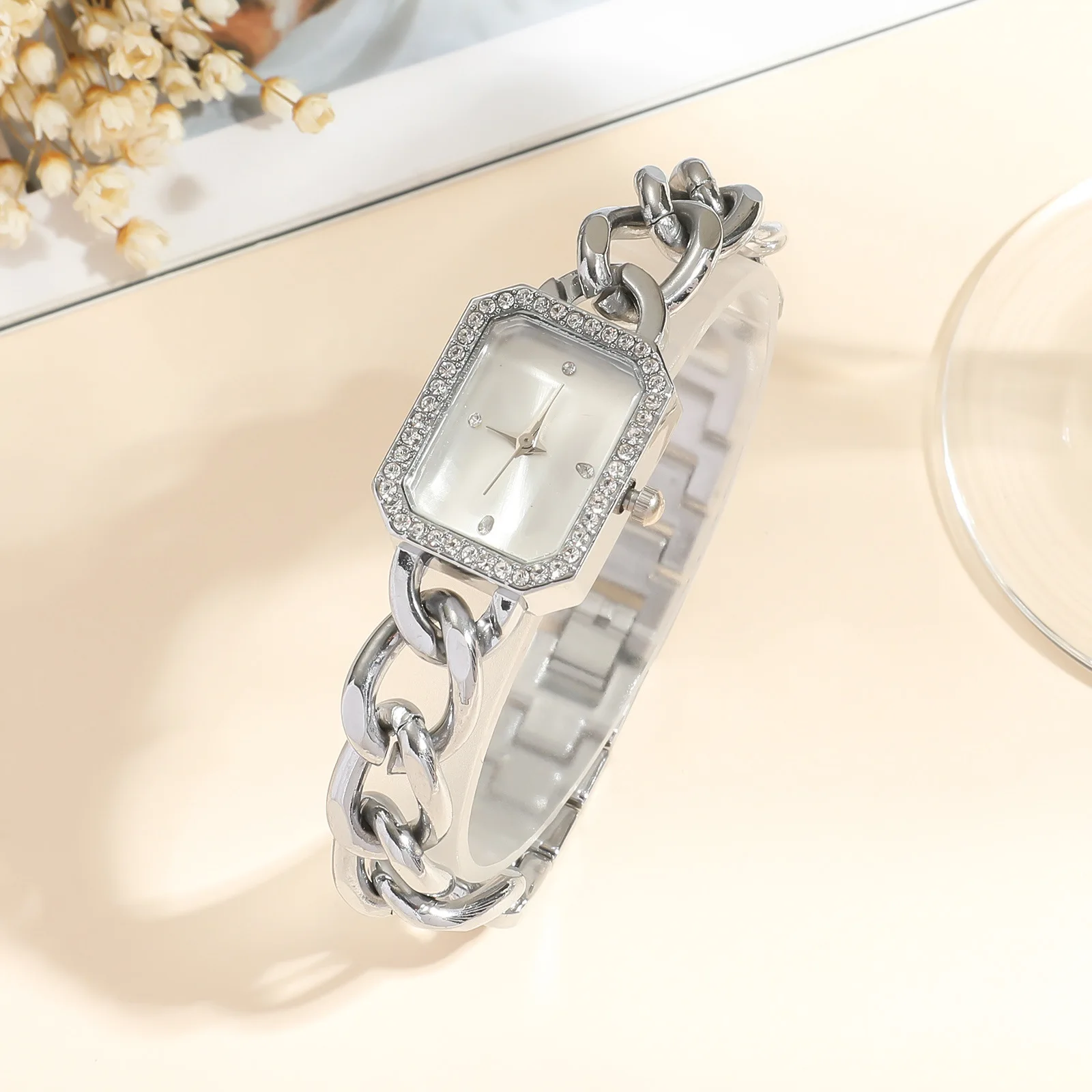 5pcs/set Stainless Steel Fashion Snake Chain Bracelet Geometric Rectangular Watch Bead Chain Stackable Bracelet Women's Jewelry
