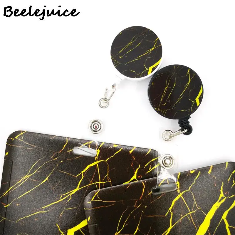 Yellow Marble Pattern Retractable Badge Reel Lanyard Nurse ID Business Credit Card Badge Holder Office Student Clips Holder Bag