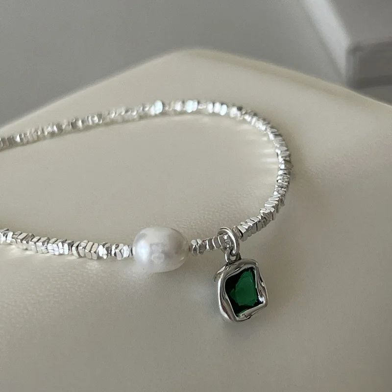 925 Sterling Silver Emerald Green Pendant Pearl Necklace for Women Choker Versatile Collar Chain Fine Jewelry Accessories