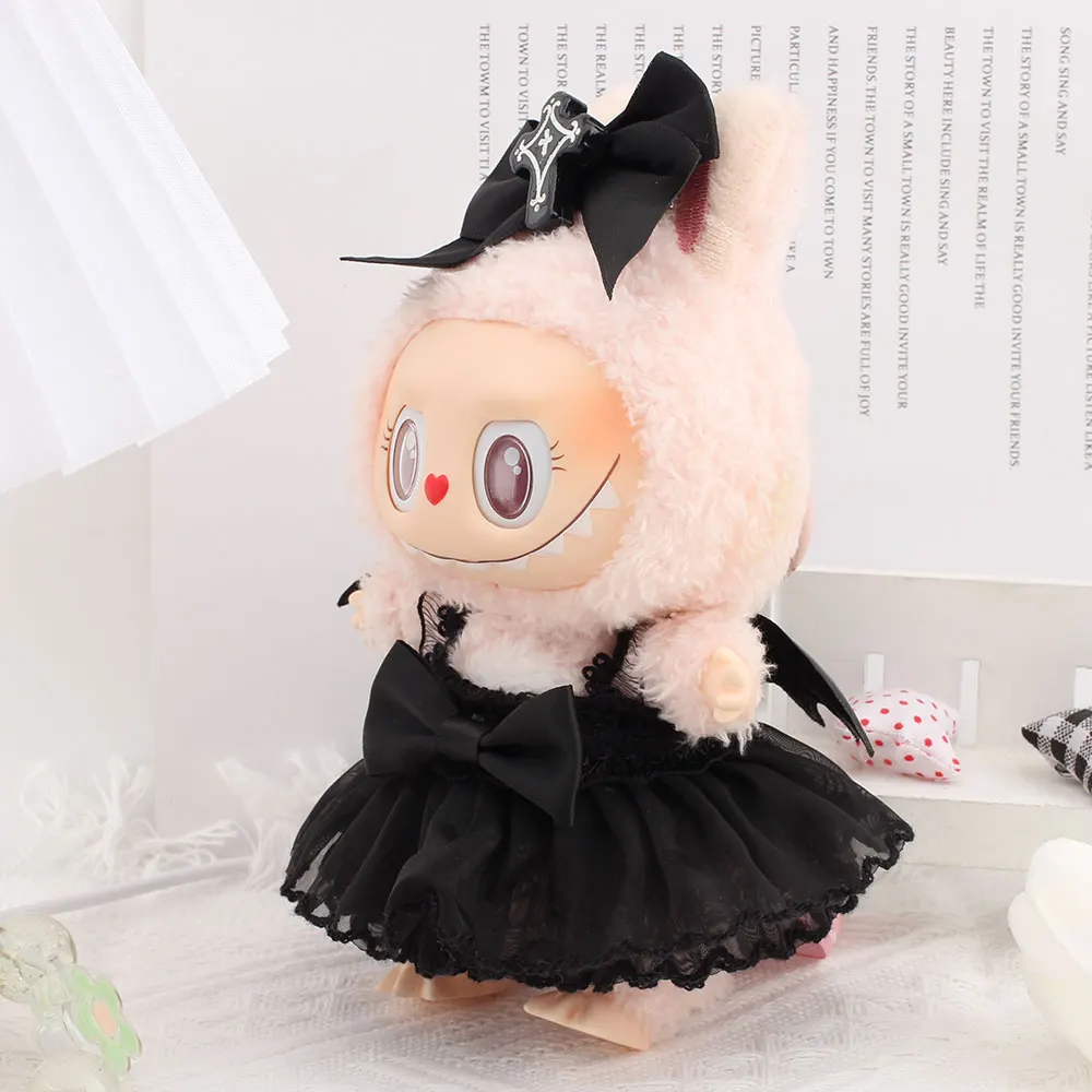 Für Labubu Puppenkleidung Ein Rock mit schwarzen Fledermausflügeln Halloween-Puppenkostüme 17 cm Kleidung Schuhe Puppe DIY-Zubehör