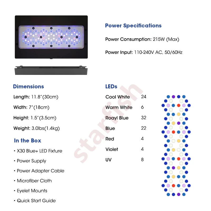 LED Fish Tank Light for Saltwater Marine Aquarium, X30 Blue + 215W, CREE, Full Spectrum, WiFi App, Remote Control, Coral Reef