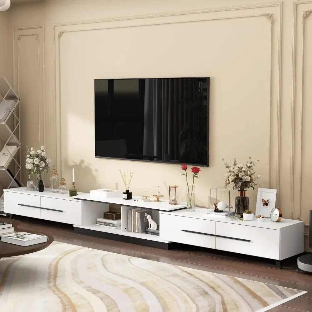 Modern TV Console Extendable Media Console, Adjustable Length, Contemporary Entertainment Center with Drawers and Legs