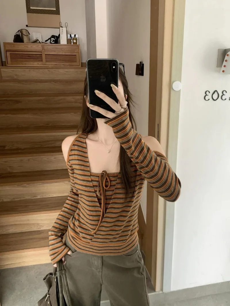 Kimotimo Women Stripe Long Sleeve Top Off Shoulder Lace-up Slim Fit Fake Two Piece T-shirt Autumn Vintage Y2k Casual Crop Top - view 5