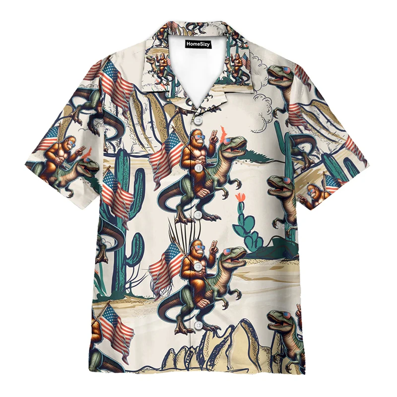 

Hawaiian Shirt 3D Print Bigfoot Flamingo Graphic Men Vintage Vacation Street Short Sleeve Shirt Men's Button Up Shirts Blouse
