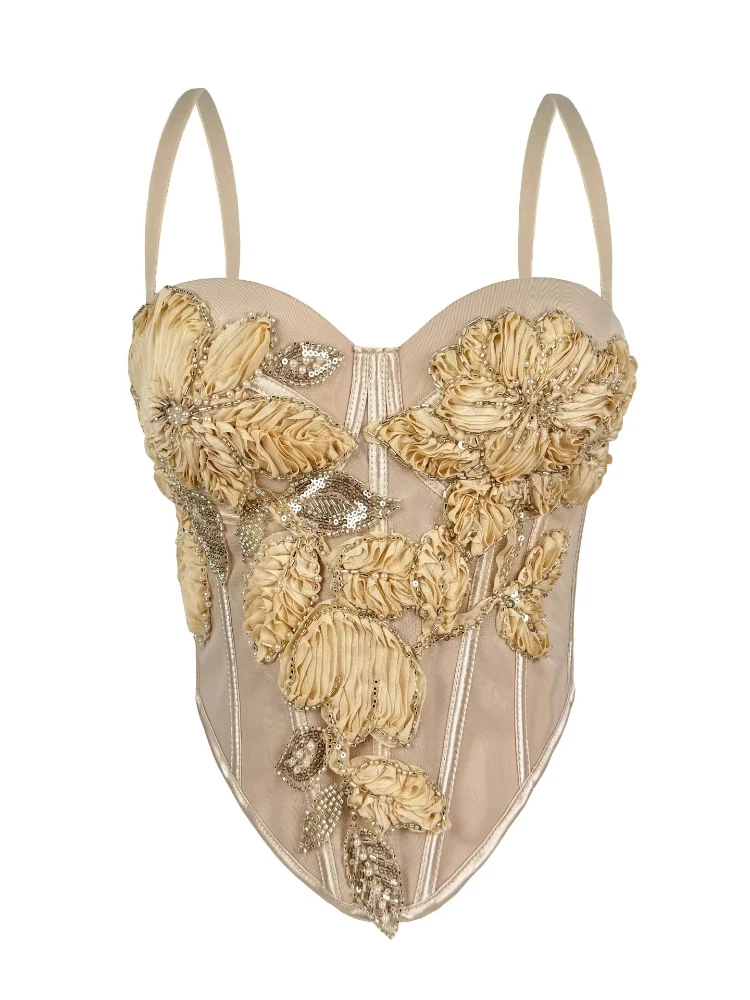 

Foamlina Elegant 3D Floral Beaded Boned Bustier Camis Women Sexy Padded Cups Adjustable Strap Sleeveless Tight Crop Corset Top