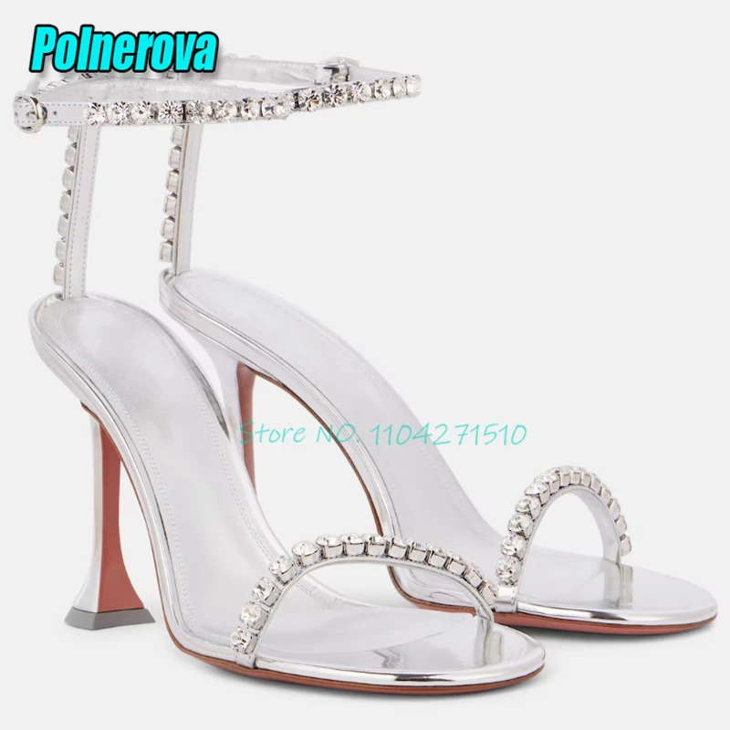 

Crystal Strap Strange Heel Satin Sandals Luxury Rhinestone Round Toe Ankle Buckle High Heels Fashion Designer Summer Women Shoes