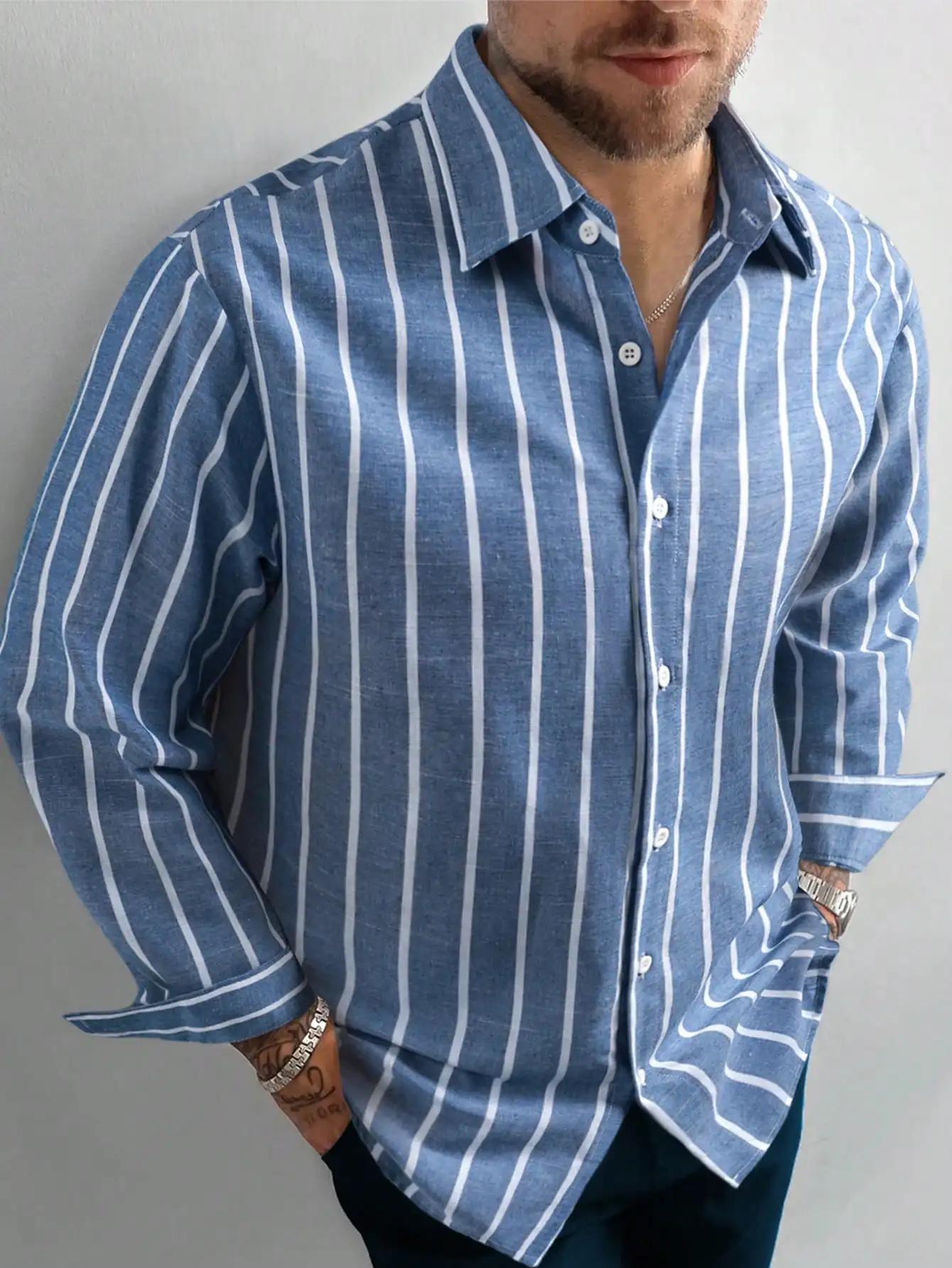 

Men's Linen Striped Button-Down Shirt, Relaxed Fit, Lightweight Long Sleeve for Casual Office Vacation