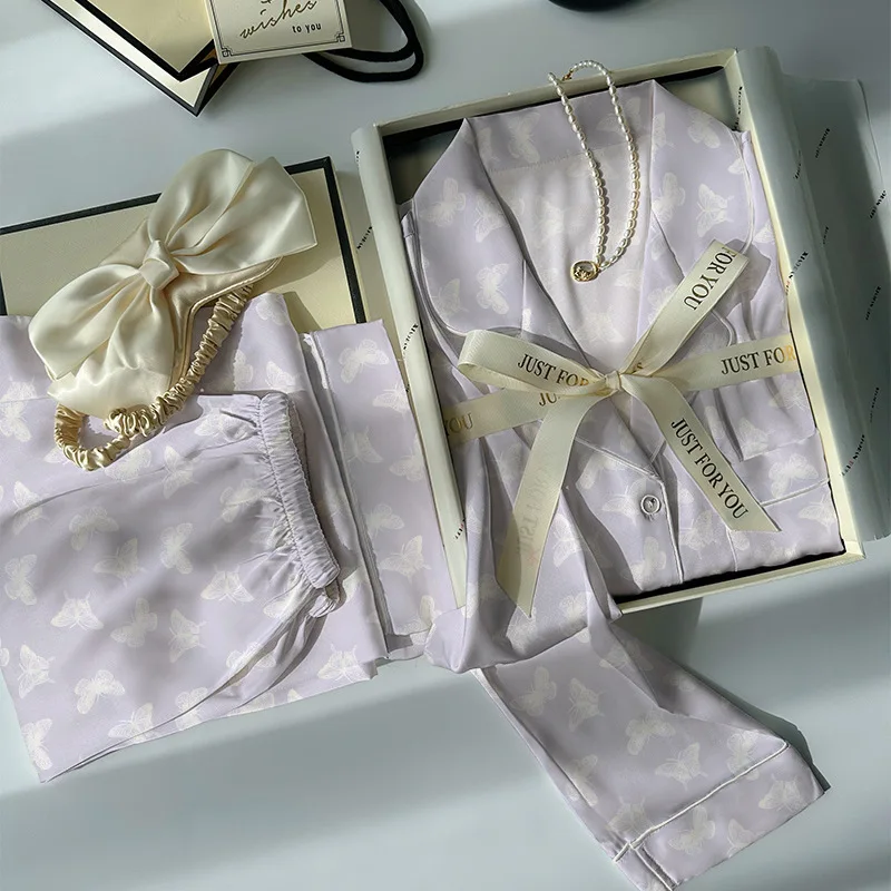 

New French Dream Butterfly Ice Silk Pajamas Women's Spring and Autumn Long Sleeve High-End Sweet Loungewear Set Real Shot