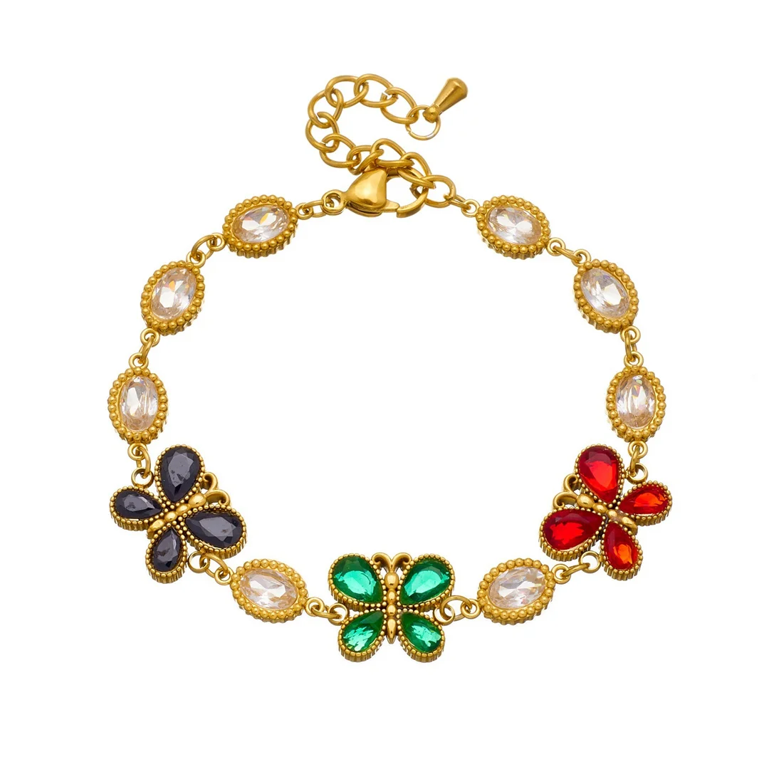 

Vintage Iced Out Multi-color Zircon Butterfly Charm Bracelet Gold Color Stainless Steel Tennis Chain Bracelet for Woman Jewelry