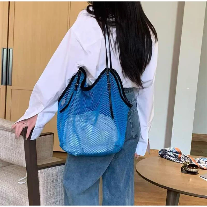 Neue Sommer-Mesh-Tragetasche, Große Kapazität Nischen-Mode-Schultertasche, Strand-Reise-Pendler-Fitness Ausgehöhlte Einkaufstasche – Detail 9
