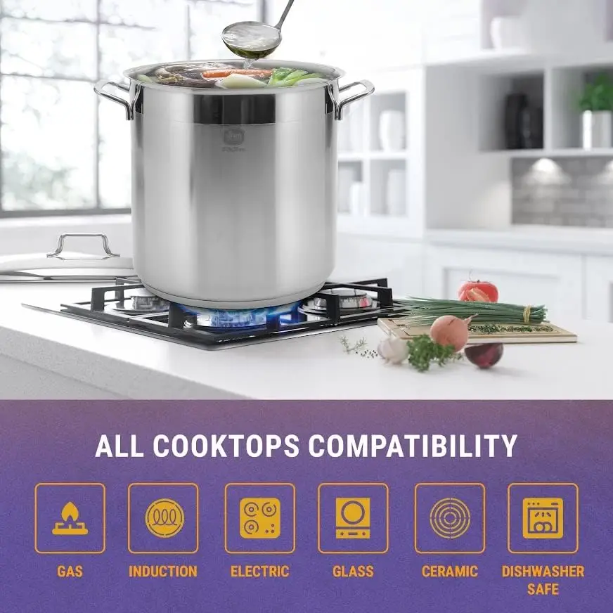 Professional Chef‘s 18/10 Stainless Steel Stock Pot Covered Tri-Ply Capsule Base with Bakelite Handle, Terrific Mirror Silver, I