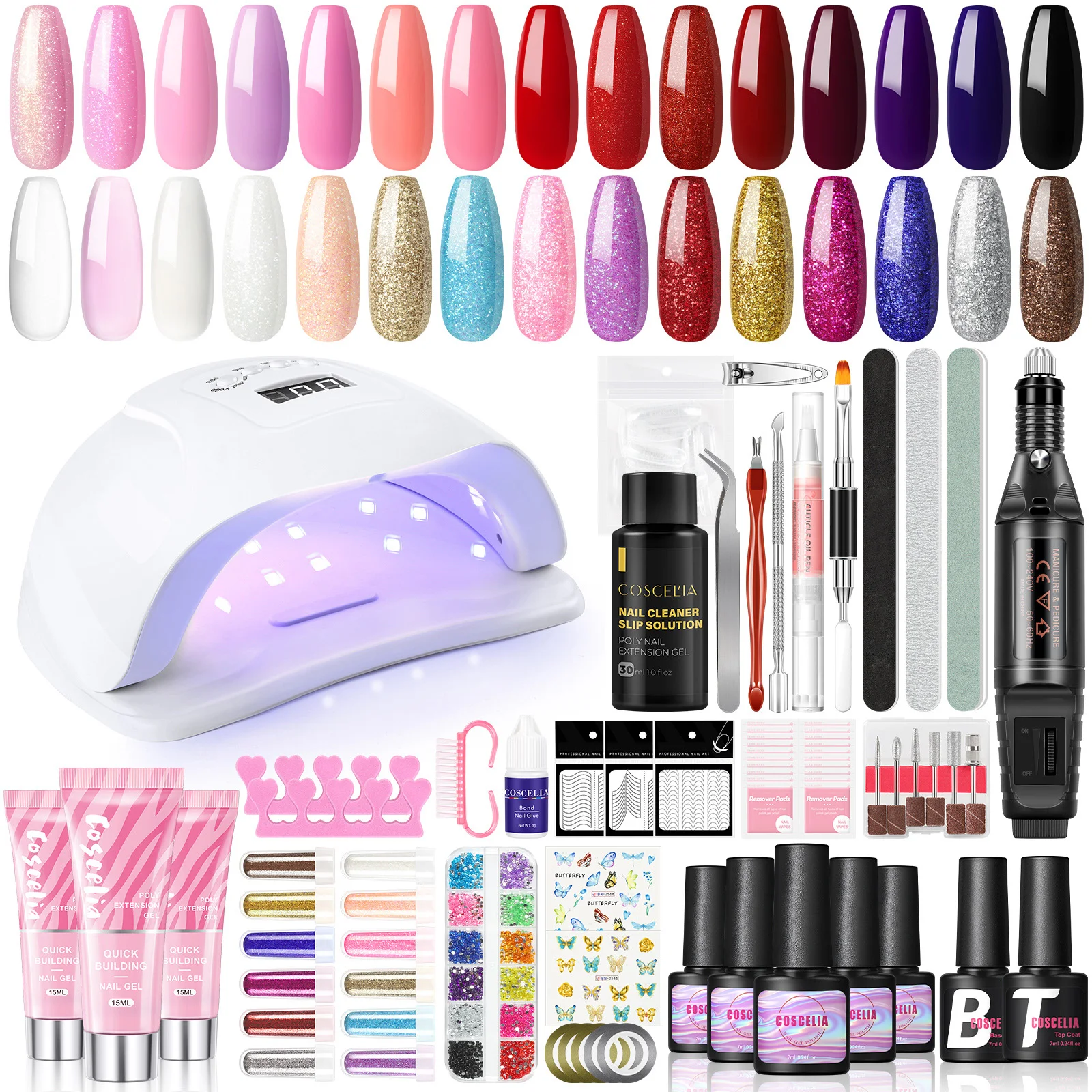 COSCELIA Manicure Starter Set with 80W UV/LED Nail Lamp 15 Colors Gel Polish,3pcs Poly Nail Gel Electric Drill Nail Art for Home