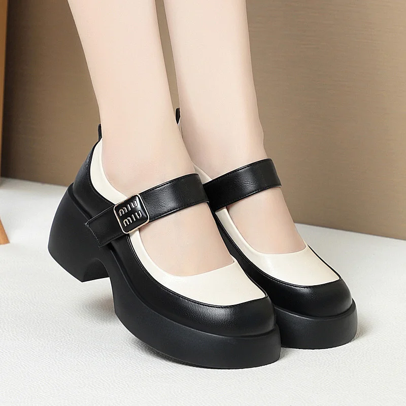 

Women's Buckle Platform Pumps Round Toe High Heel Mary Jane Shoes 2024 New Elegant Anti-slip Black Soft Leather Single Shoes