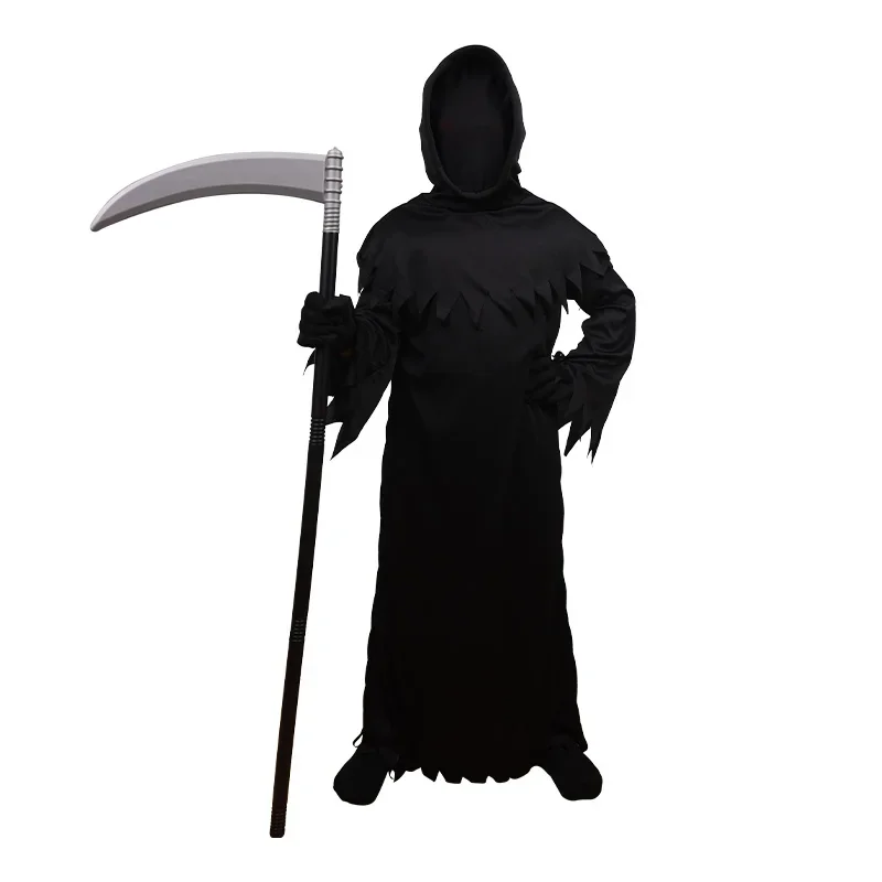 Halloween Cosplay Costume Grim Reaper Scary Skeleton Costume Children Glowing Red Eyes Grim Reaper Ghost Robe Send Scythe Props