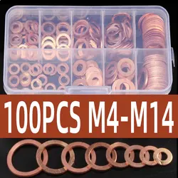 100PCS Set Copper Washer Gasket Nut and Bolt Set Flat Ring Seal Assortment Kit with Box M4 M8 M10 M12 M14 for Sump Plugs