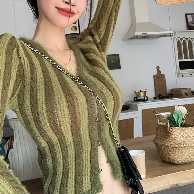 

Striped Retro Plush Feel Collar Knitted Sweater Women'S Slim Cardigan Autumn Winter Unique Design Top