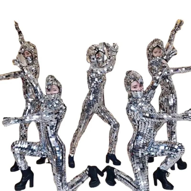 Sexy Woman Mirror Reflective Costume Set Silver Mirror Jumpsuit Costume Dance Props Gala DJ Club Performance Dance Costume
