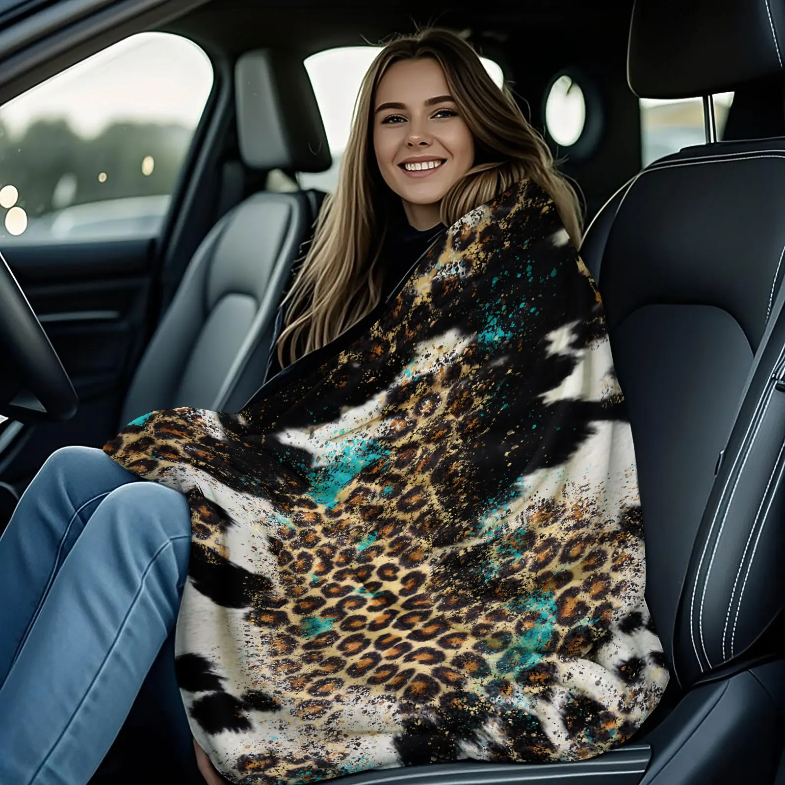 Leopard Cow Print Flannel Throw Blanket Western Turquoise Splatter Pattern Soft Warm Plush Blanket for Sofa Bed Car Camping Home