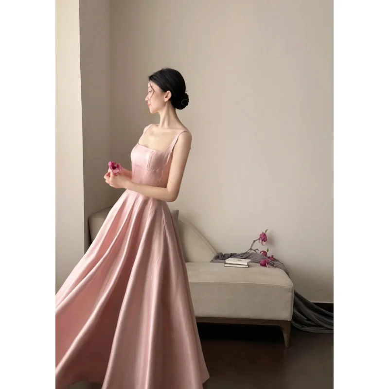 

Pink Spaghetti Strap Dress for Women, French Style, Niche Design, High-End Exquisite Spring Summer Beach Vacation Stunning Gown