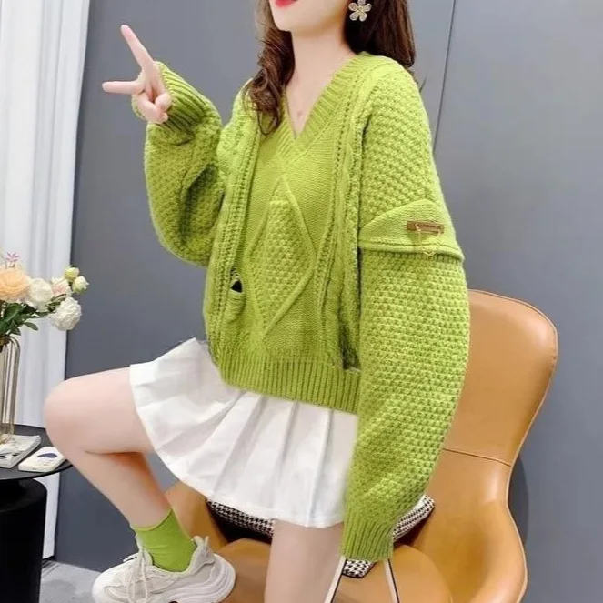 Camisola de malha v-ne feminina solta torção ort sle outono inverno nova chegada coreano sle buraco design casual faion