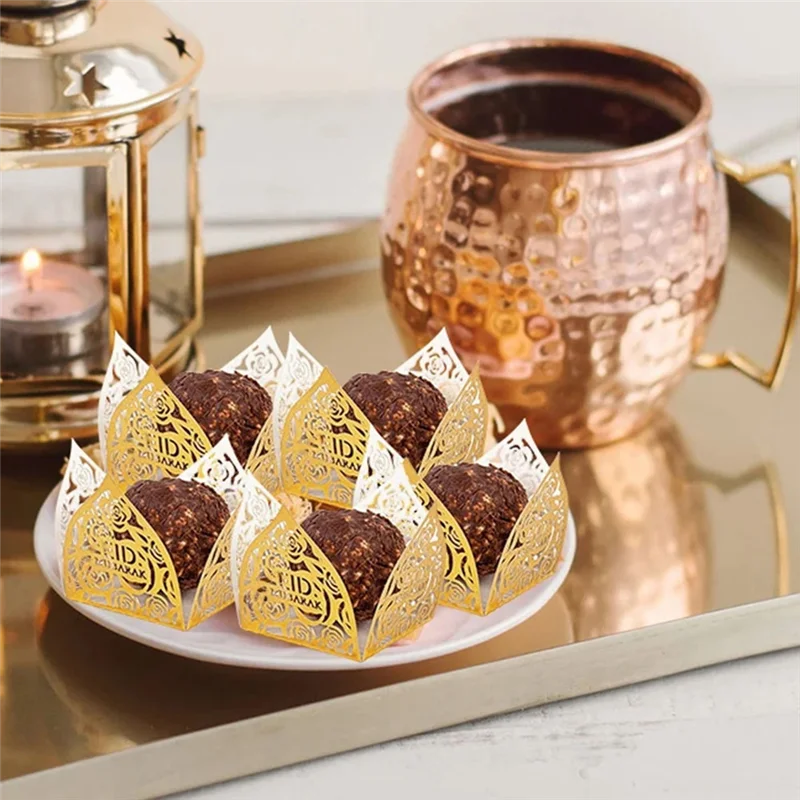 ABBN-50Pcs عيد مبارك الديكور الحلوى صينية الطعام صندوق رمضان كريم لوازم الحفلات الإسلامية أ