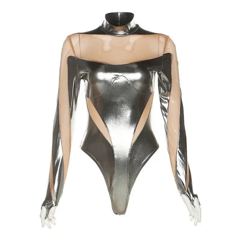 2024 Nes Women Game Movie Tight Jumpsuit Alien Robot Mesh Hollow Silver Strip Bodysuit Cosplay Costumes halloween costumes women