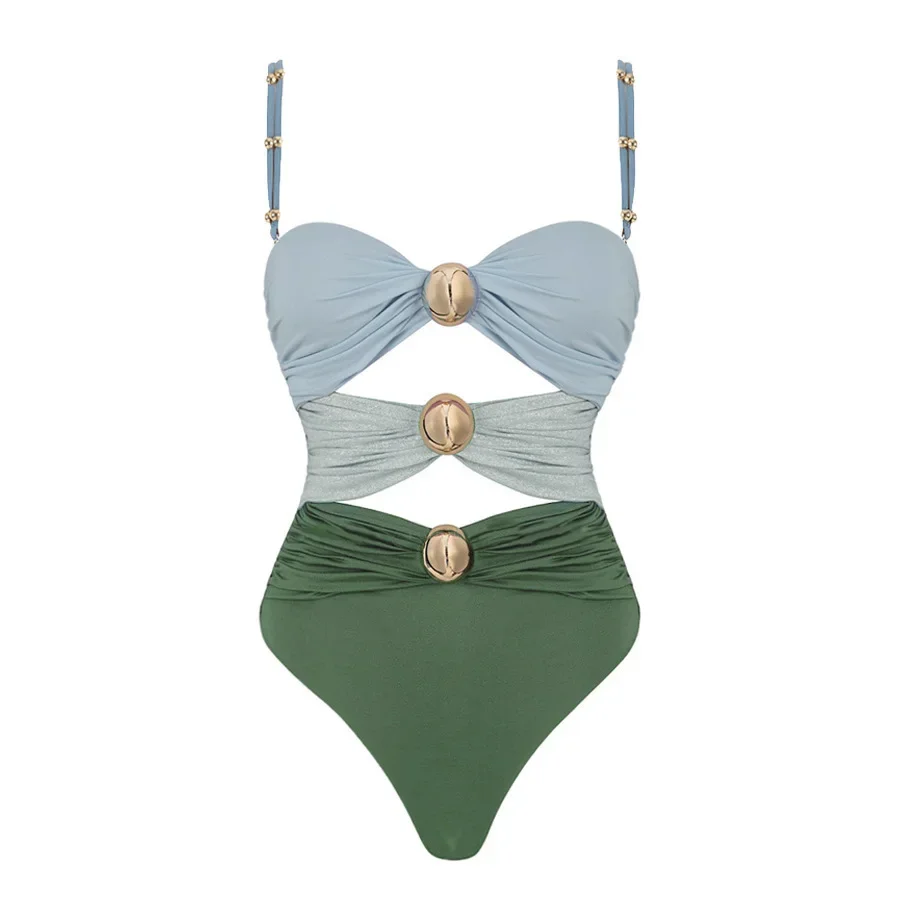 Para Praia  Patchwork One Piece Swimsuit with Chain 2025 Swimwear for Women Sexy High Cut Bathing Suit High Waist Monokini