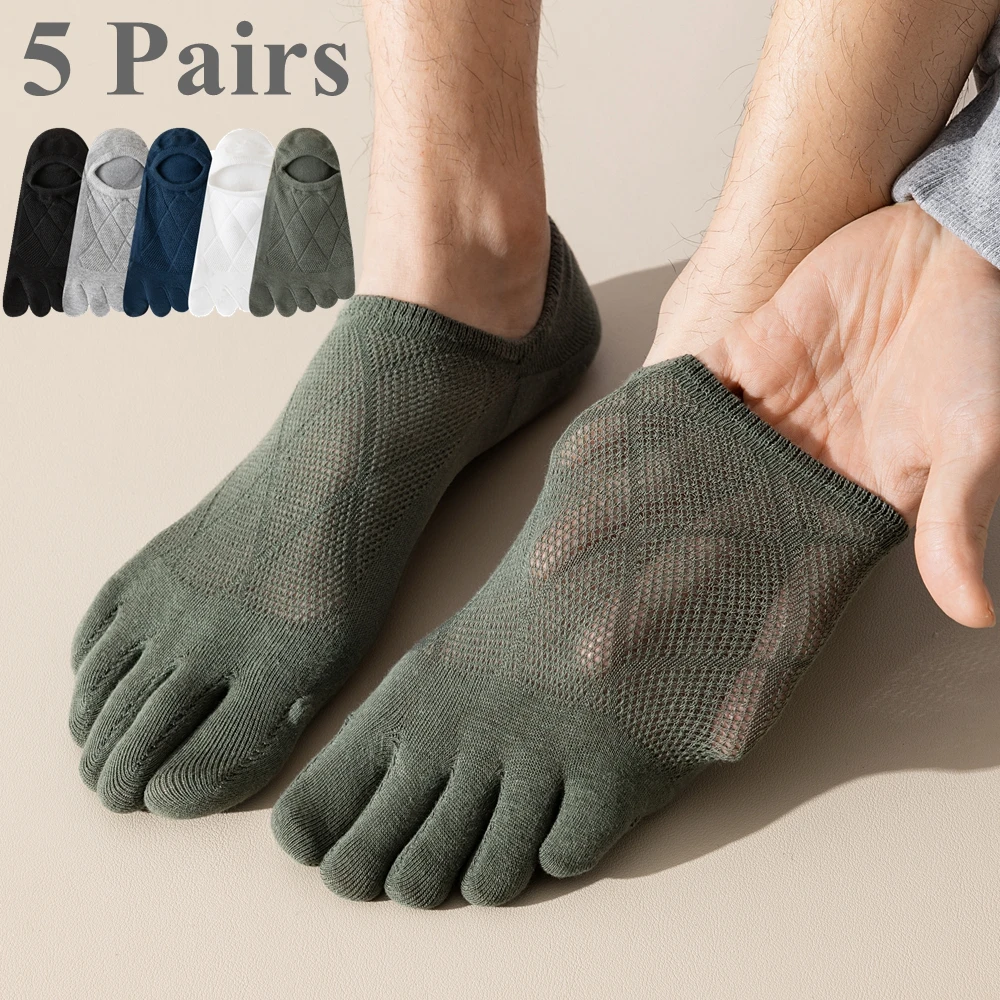 5 Pairs Men Non-Slip Toe Socks with Separate Fingers No Show Invisible Slipper Socks Man Five Finger Socks Sports Summer Mesh