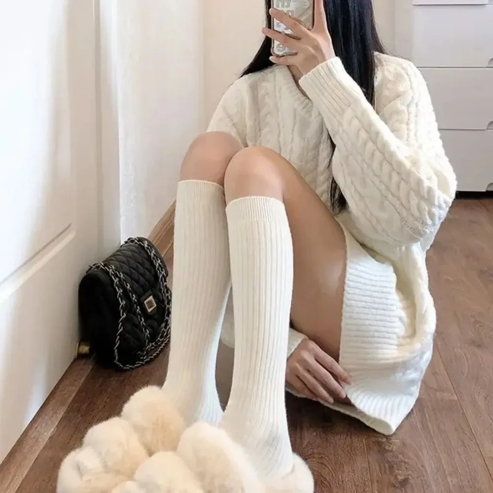 Women's Knee-High Knitted Socks – Solid Color with Vertical Stripes, Warm Harajuku/Lolita Style for Autumn & Winter