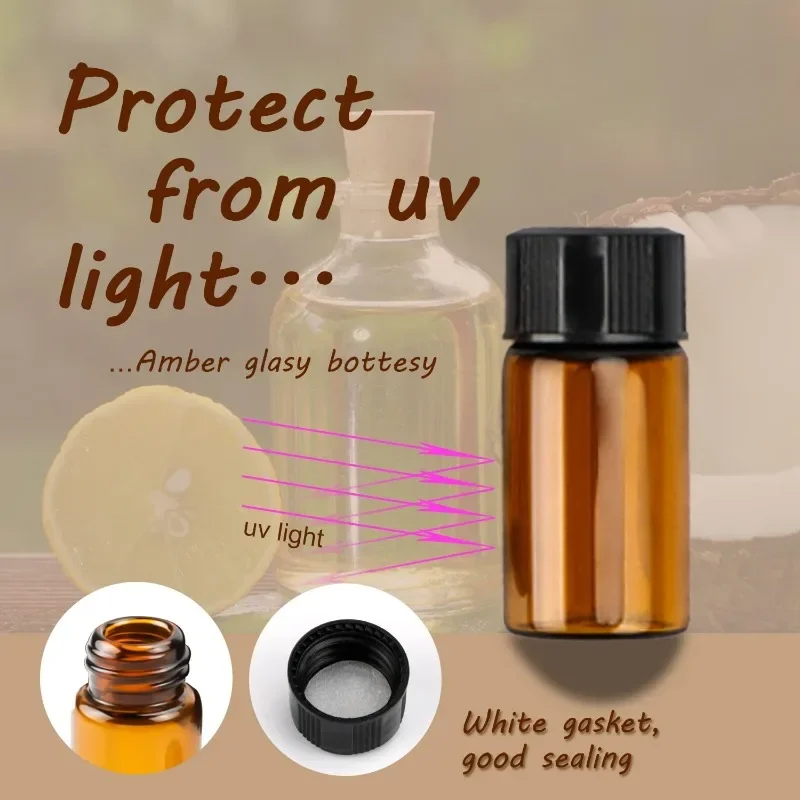 50PCS Amber Glass Bottles with Orifice Reducer and Screw Cap Empty 1-5ML Portable Essential Oil Perfume Liquid DIY Sample Vials