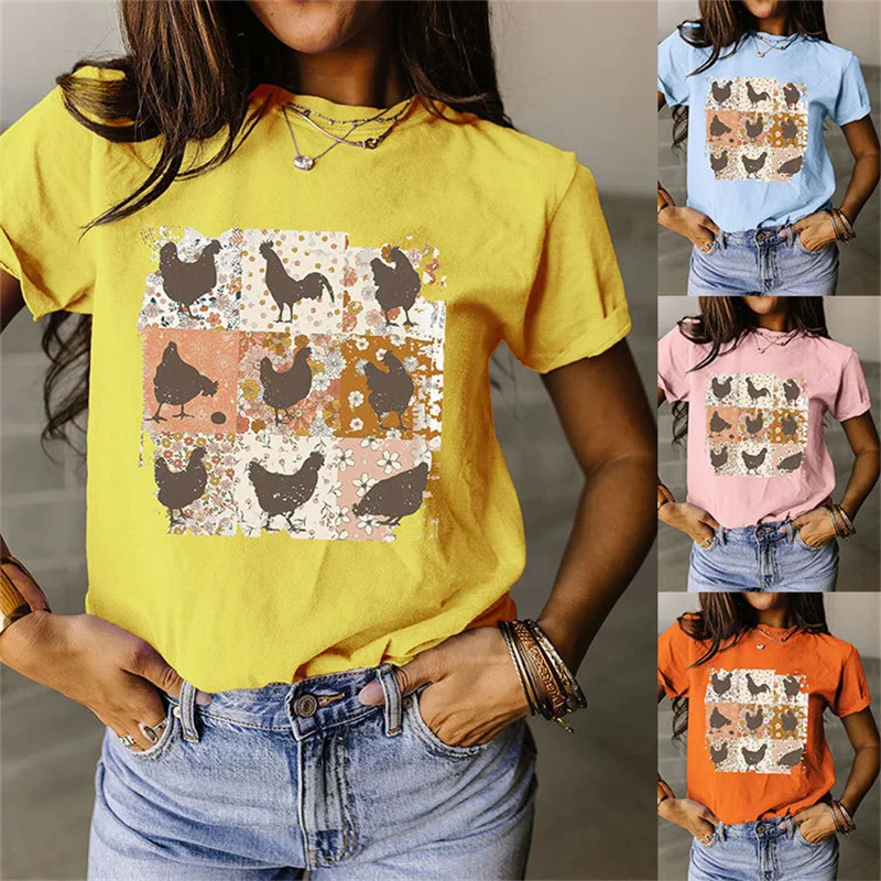 27/5000 New summer fashion cotton women's nine chicken print vintage round neck short-sleeved T-shirt top