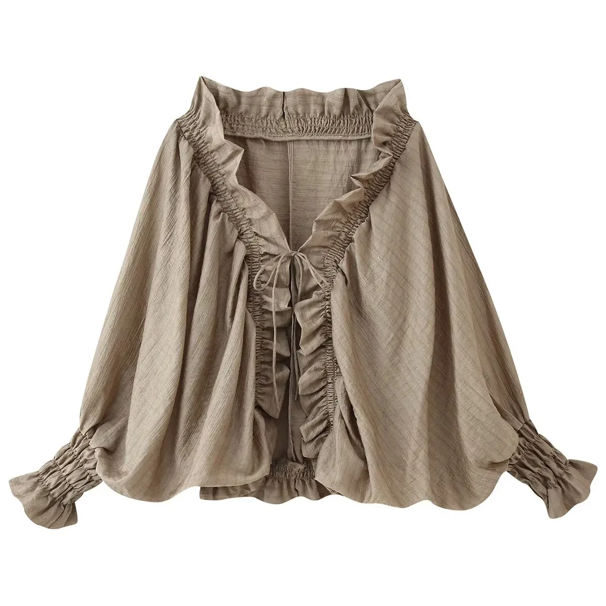 Nlzgmsj 2026 Herbst Damen Rüschen V-Ausschnitt Laternenärmel Langarm-Bindung Locker Sitzendes Hemd Vintage Lässige Oberteile Weibliche Locker Sitzende Hemden – Detail 2