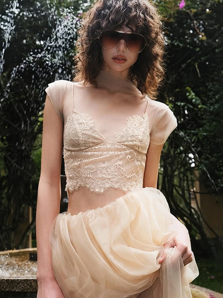 

Nibber Elegant Chic 2 Piece Set Women Trend Lace Tank Top+Ruched Puffy Skirts Sweet Mesh Patchwork Matching Party Club Suits