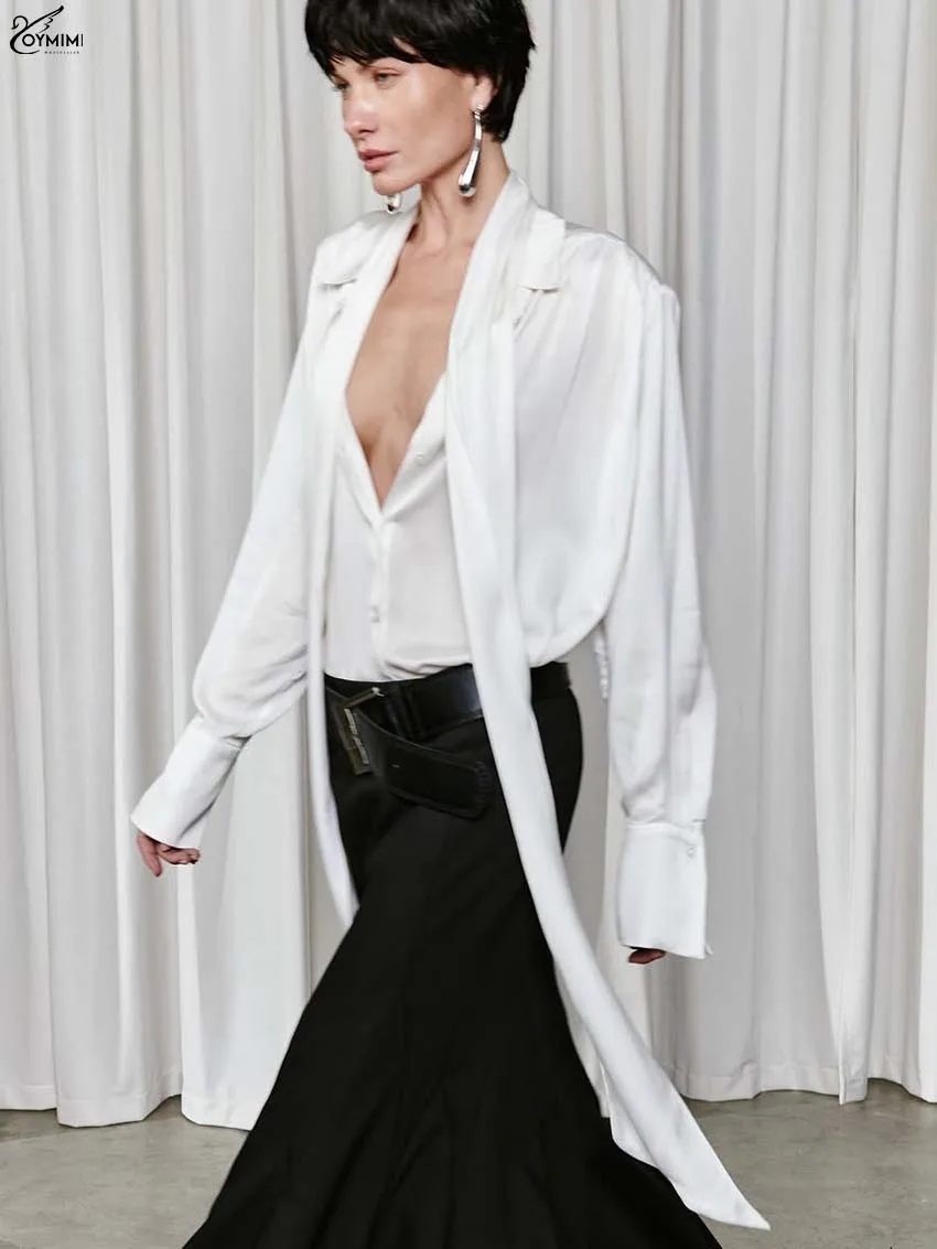 

Элегантная белая женская блузка Oymimi, повседневная блузка с отложным воротником и длинными рукавами, модные рубашки на пуговицах с кружевной отделкой, женская уличная одежда
