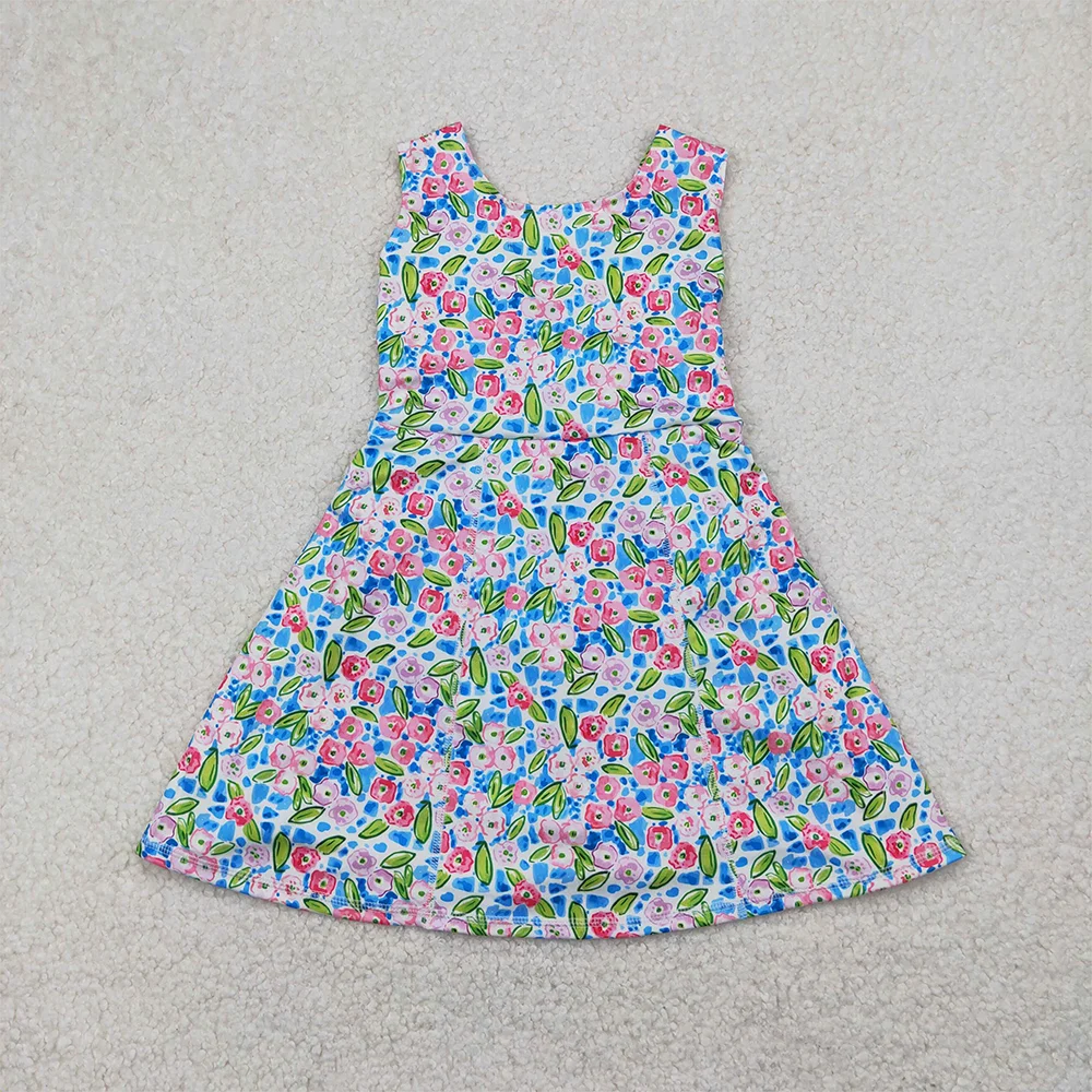 

Baby Girls Blue Floral Sleeveless Athletic Dresses Kids Floral Print Casual Dresses for Girls