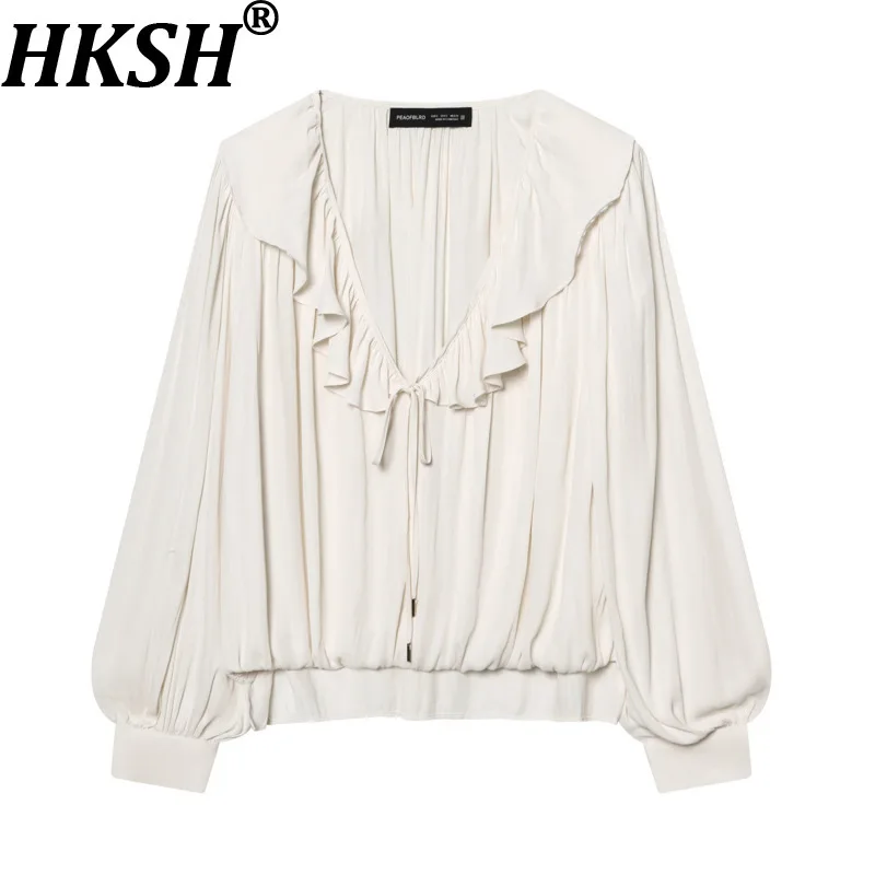 

HKSH Women's Shirt Doll Collar Long Sleeves Pleated Solid Color Sweet Elegant High Street Casual Satin Top Spring Summer HK21054