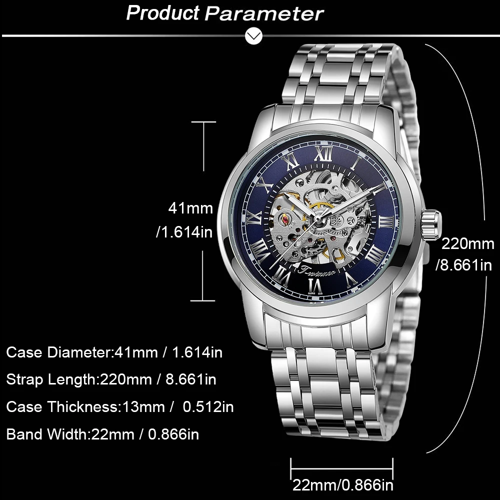 T-WINNER Fashion Luxury Men's Skeleton Automatic Mechanical Watches Luminous Pointers Roman Numerals Steel Business Wristwatches